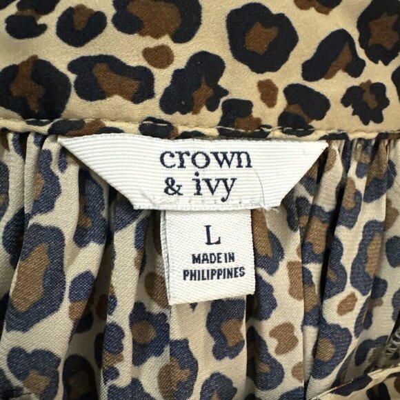Women's Crown Ivy Curvy Blouse Brown Beige Leopard Tassel‎ Boho Flowy Popover L - Picture 3 of 7